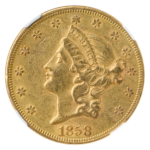 1858 $20 LIBERTY NGC AU55 CAC