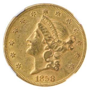 1858 $20 LIBERTY NGC AU55 CAC