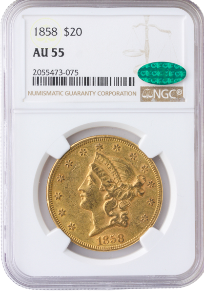1858 $20 LIBERTY NGC AU55 CAC