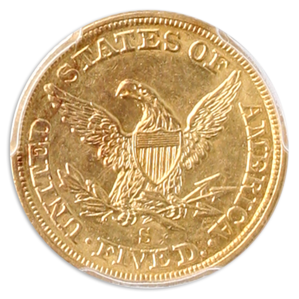 1856-S $5 Liberty SSCA Pinch Of Dust PCGS AU55