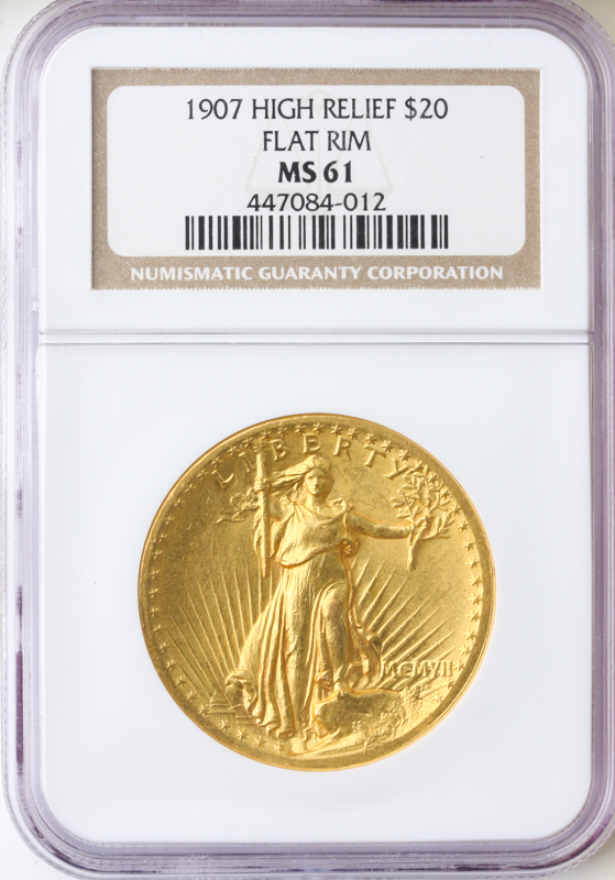 1907 $20 Saint Gaudens High Relief Flat Edge NGC MS61