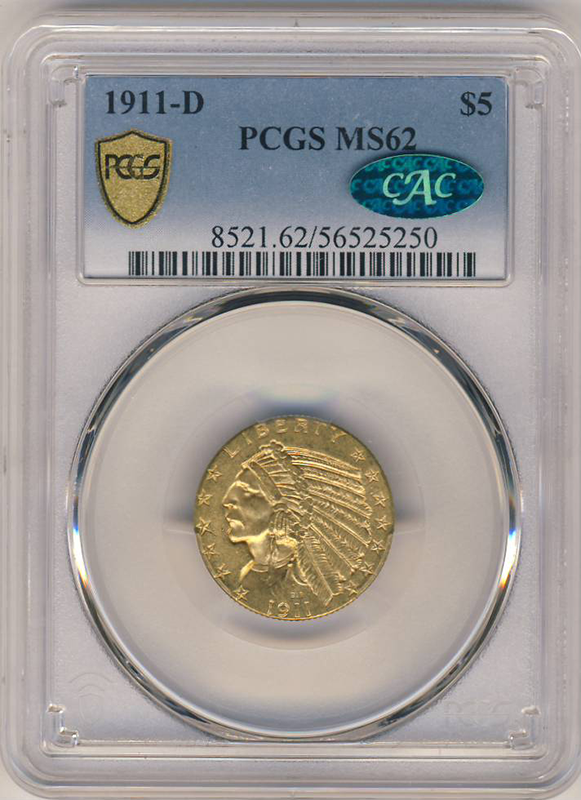 1911-D $5 Indian PCGS MS62 CAC