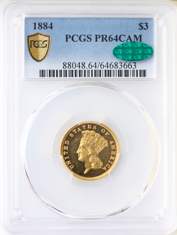 1884 $3 Indian Princess PCGS PR64 Cameo CAC