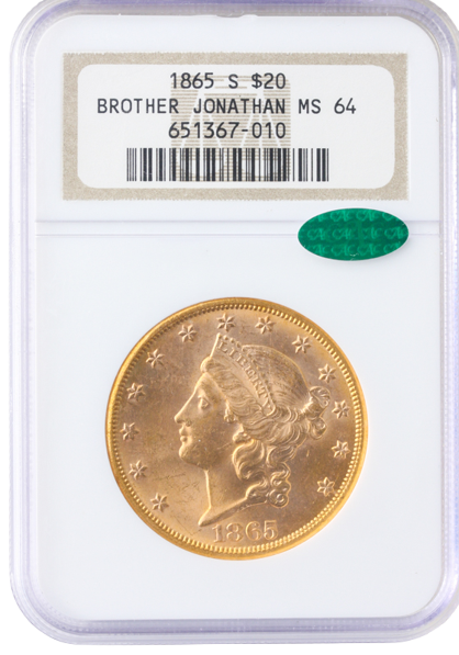 1865-S $20 Liberty Brother Jonathan NGC MS64 CAC