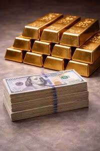 Stack of money and gold bars