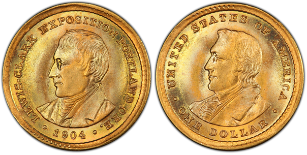 1904 Lewis and Clark Exposition commemorative gold dollar showing portrait busts of the two explorers on obverse and reverse