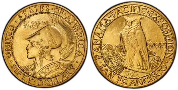 1915 Panama-Pacific Exposition round $50 gold coin featuring helmeted Minerva on obverse and owl of wisdom on reverse