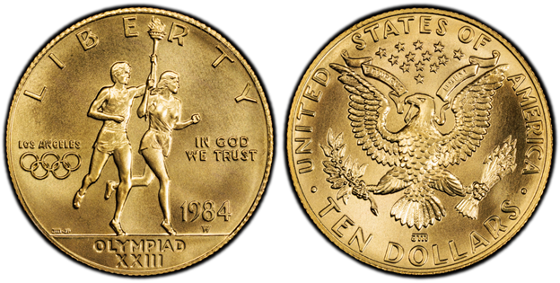 1984 Olympiad XXIII commemorative gold $10 coin showing two torch runners on obverse and heraldic eagle on reverse
