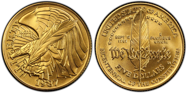 1987 Bicentennial of the Constitution gold $5 half eagle featuring stylized eagle with quill pen on obverse and We the People inscription on reverse