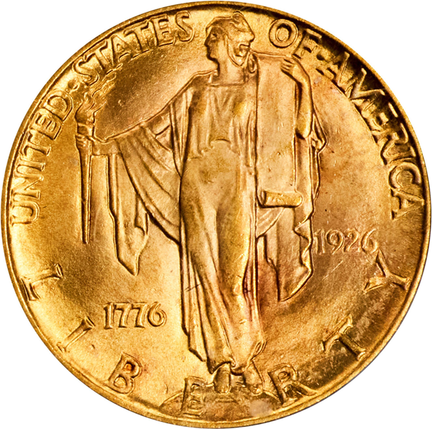 1926 Sesquicentennial commemorative gold quarter eagle showing Miss Liberty standing with torch and Declaration of Independence scroll