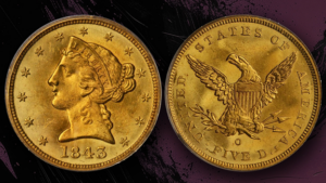 Obverse and reverse of an 1843-O No Motto Liberty Head half eagle showing Liberty facing left with coronet inscribed “LIBERTY” surrounded by thirteen stars, and the heraldic eagle reverse with FIVE D. denomination and New Orleans O mintmark - struck before the addition of “IN GOD WE TRUST” in 1866.