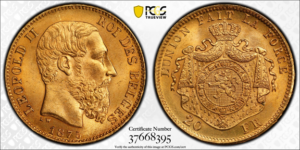 1875 Belgian 20 Franc featuring Leopold II right-facing profile and reverse with crowned Belgian royal shield, motto “L'UNION FAIT LA FORCE”