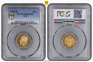 1878-R Italian 20 Lire in PCGS MS63 Prooflike holder featuring Umberto I obverse and crowned Italian shield reverse with laurel wreath 