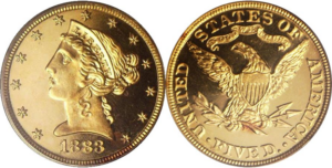 Obverse and reverse of an 1883 With Motto Liberty Head half eagle proof coin showing deeply mirrored fields, Liberty facing left with coronet inscribed “LIBERTY”, and the heraldic eagle reverse with “IN GOD WE TRUST” ribbon and FIVE D. denomination.