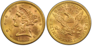 Obverse and reverse of an 1883-S With Motto Liberty Head half eagle business strike showing the satiny luster typical of circulation coins, Liberty facing left with coronet inscribed “LIBERTY”, heraldic eagle reverse with “IN GOD WE TRUST” ribbon, FIVE D. denomination and San Francisco S mintmark.