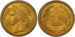 1883 Swiss 20 Franc Helvetia featuring left-facing portrait with laurel wreath and reverse with Swiss shield, laurel branches, and 20 FR denomination 