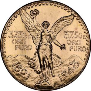 1943 Mexican Centenario coin obverse featuring double gold weight inscriptions instead of denomination, Angel of Independence with volcanoes in background.