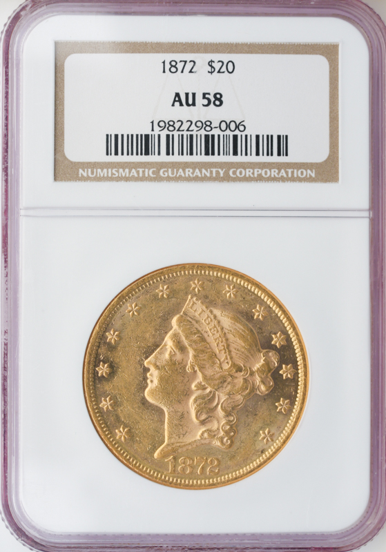1872 $20 LIberty NGC AU58