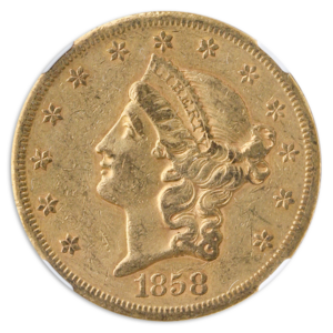 1858-S $20 Liberty NGC XF45 CAC