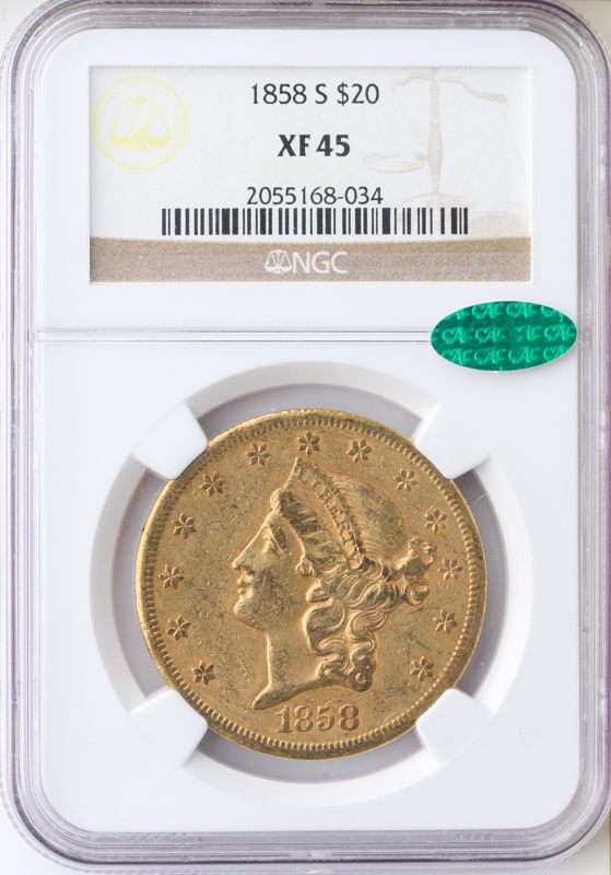 1858-S $20 Liberty NGC XF45 CAC