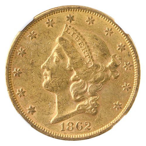 1862-S $20 Liberty NGC AU53 CAC + 1862-S $20 Liberty NGC AU53 CAC +