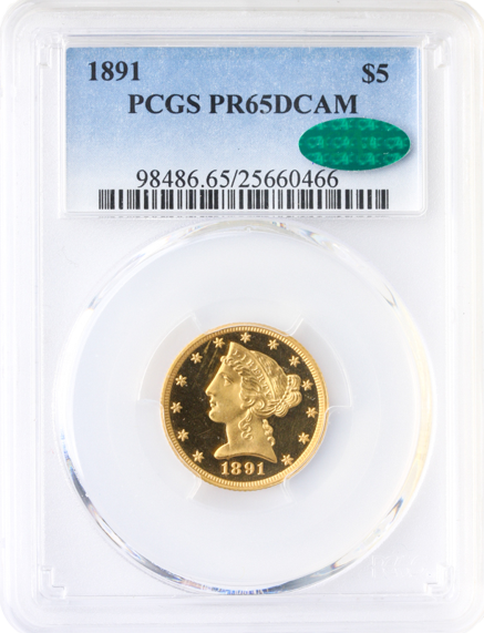 1891 $5 Liberty PCGS PR65 Deep Cameo CAC 1891 $5 Liberty PCGS PR65 Deep Cameo CAC