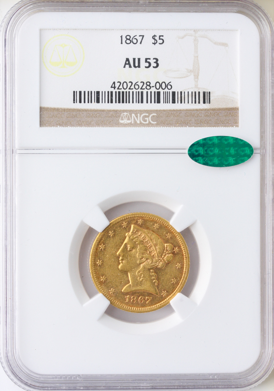 1867 $5 Liberty NGC AU53 CAC