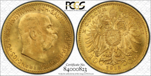 PCGS-certified 1912 Austrian 10 Corona gold restrike showing Emperor Franz Joseph I portrait obverse and crowned imperial eagle reverse