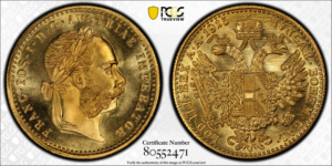 PCGS TrueView of the 1915 Austrian gold Ducat restrike showing Emperor Franz Joseph I laureate portrait obverse and imperial double-headed eagle reverse