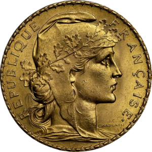 J.C. Chaplain's Marianne portrait on 20 Franc gold Rooster obverse with left-facing profile and oak leaf border 