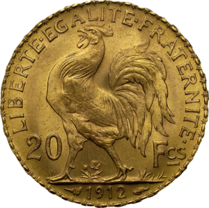 Le Coq Gaulois on 20 Franc gold coin reverse with raised foot, laurel branch below, and “LIBERTÉ ÉGALITÉ FRATERNITÉ” inscription 