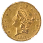 1857 $20 Liberty NGC AU55 CAC +