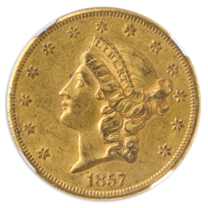 1857 $20 Liberty NGC AU55 CAC +