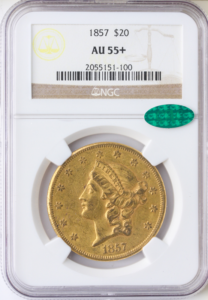 1857 $20 Liberty NGC AU55 CAC +
