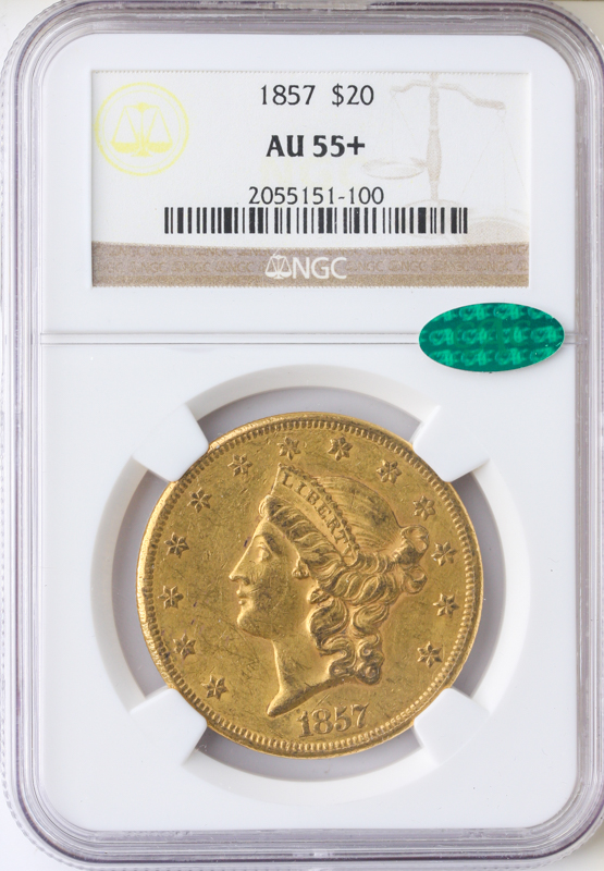 1857 $20 Liberty NGC AU55 CAC + 1857 $20 Liberty NGC AU55 CAC +