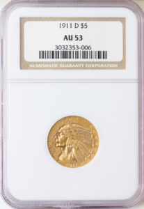 1911-D $5 Indian NGC AU53