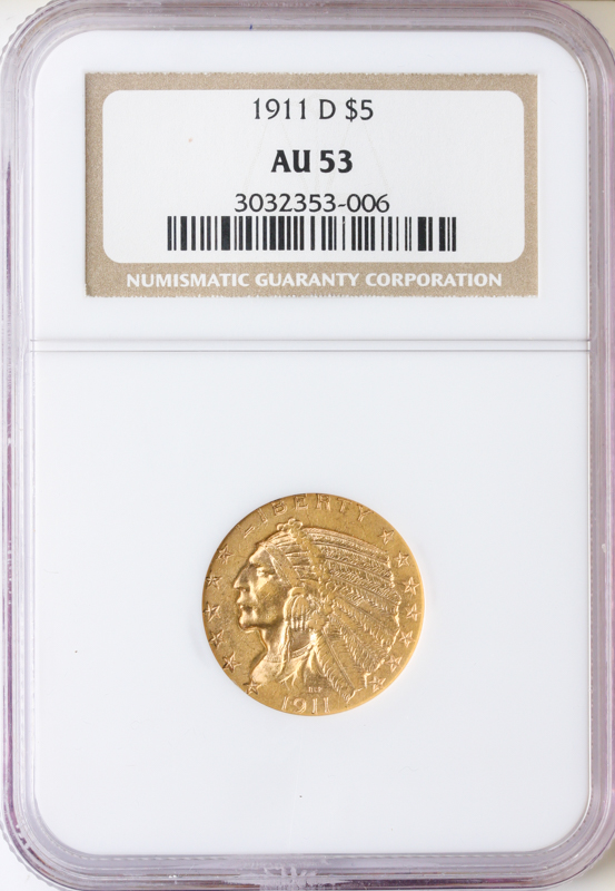 1911-D $5 Indian Gold Coin NGC About Uncirculated 53(AU53) 1911-D $5 Indian Gold Coin NGC About Uncirculated 53(AU53)