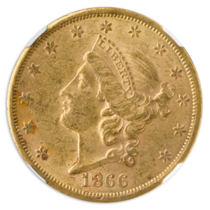 1866-S $20 Liberty Motto NGC AU58 CAC