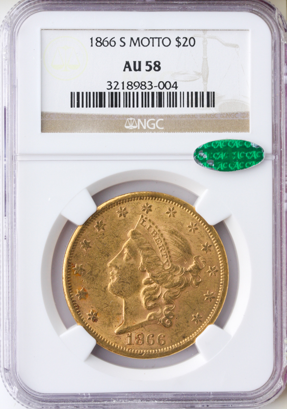 1866-S $20 Liberty Motto NGC AU58 CAC