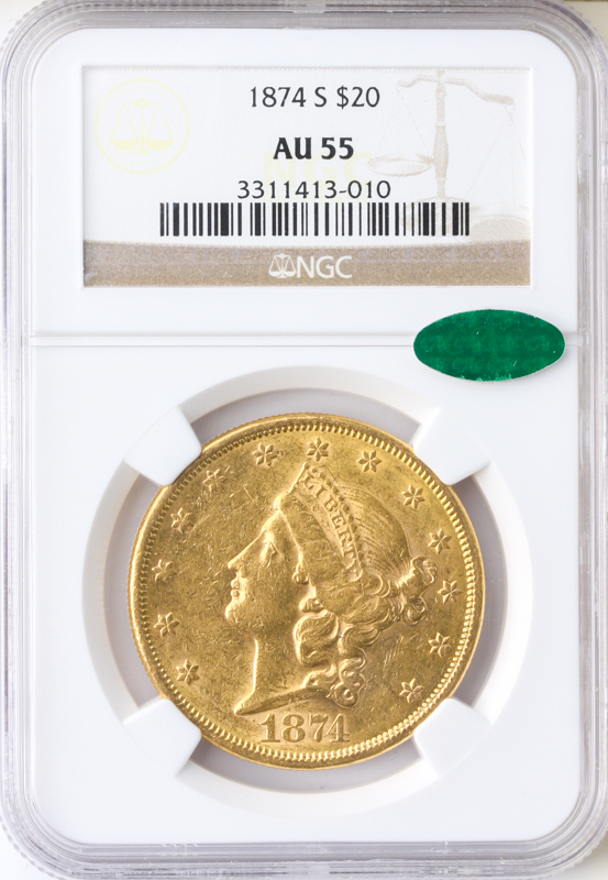 1874-S $20 Liberty NGC AU55 CAC 1874-S $20 Liberty NGC AU55 CAC