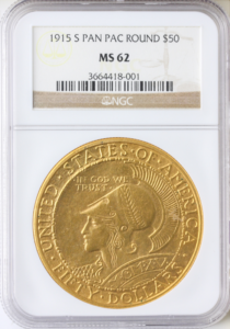 1915-S $50 Pan Pac Round NGC MS62