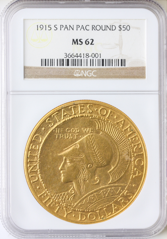 1915-S $50 Pan Pac Round NGC MS62