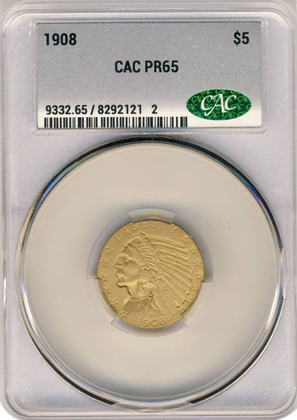 1908 $5 Indian CACG PR65