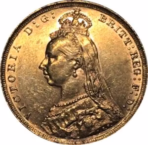 Gold Sovereign obverse featuring Queen Victoria's aged portrait with crown and veil inscription “VICTORIA D.G. BRITT. REG. F.D.”