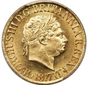 Gold Sovereign obverse with laureate portrait of King George III dated 1817.