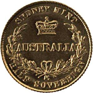 Gold Sovereign shield reverse with “AUSTRALIA” inscription, crown, and wreath border marked “SYDNEY MINT.”