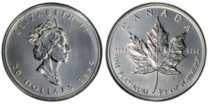 Half-ounce platinum Maple Leaf featuring Queen Elizabeth II portrait on obverse and iconic maple leaf design on reverse with .9995 platinum marking 