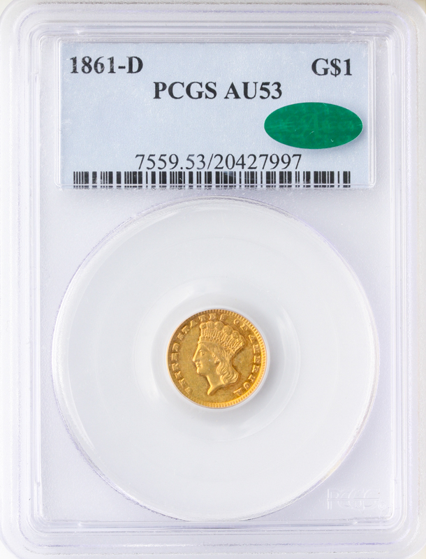 1861-D $1 Gold PCGS AU53 CAC 1861-D $1 Gold PCGS AU53 CAC