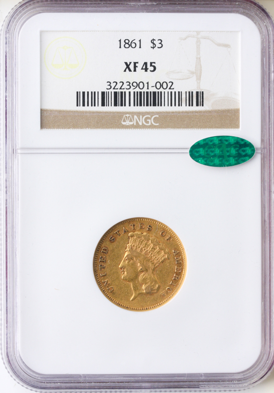 1861 $3 Indian Princess NGC XF45 CAC