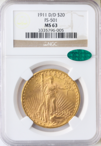 1911-D/D $20 Saint Gaudens NGC MS63 CAC
